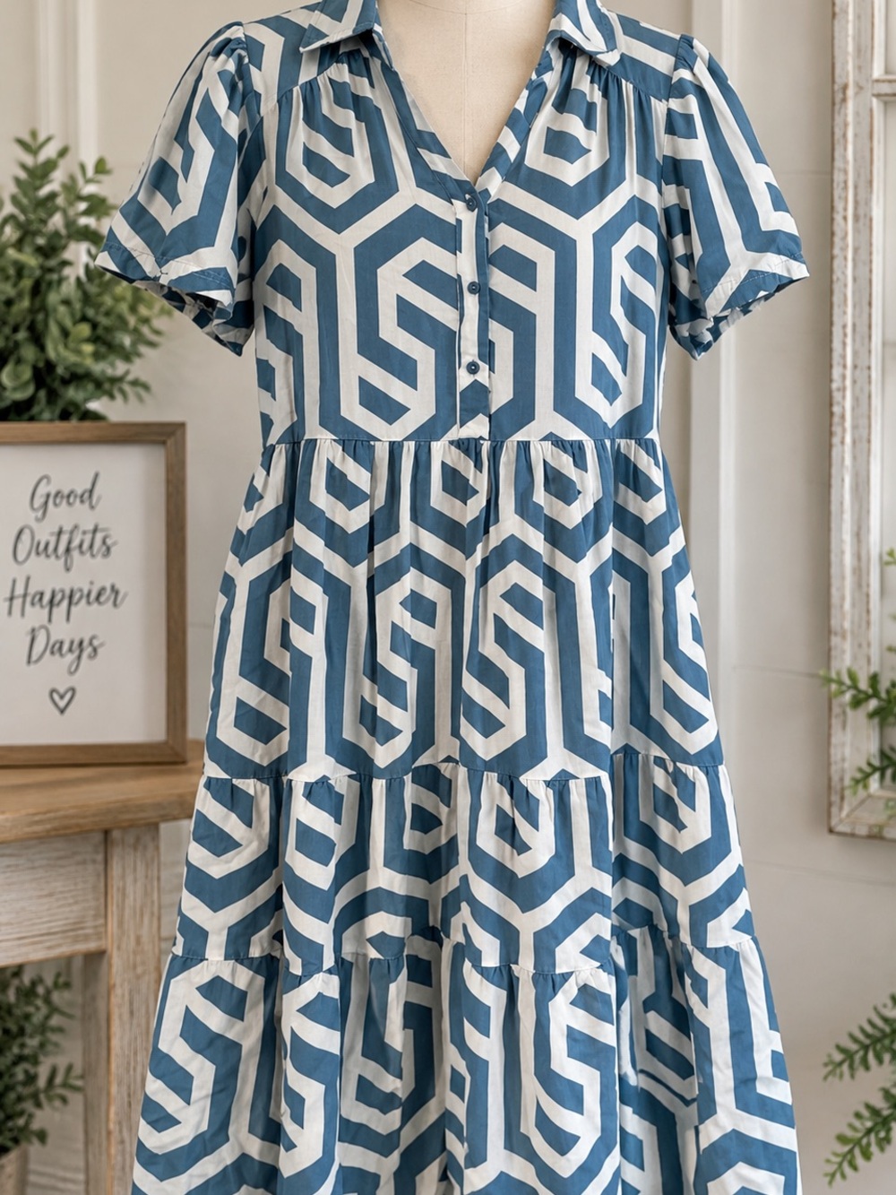 💙 Blue & White Geometric Midi Dress – 100% Rayon
